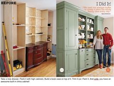 a couple standing next to each other in front of a green cabinet with shelves and drawers