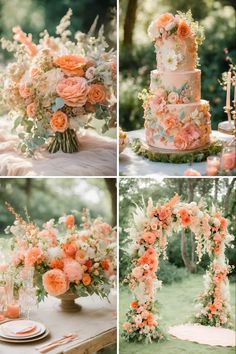 wedding cake with flowers and greenery on the top, surrounded by other images from different angles