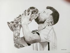 a pencil drawing of a man holding a trophy and looking up at the sky with his eyes closed