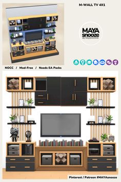 an advertisement for a tv set with shelves and cabinets in it, including a flat screen television