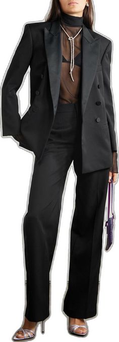 Formal Tuxedo Pantsuit With Lapel Collar, Chic Evening Suits With Pressed Crease, Elegant Fall Pantsuit For Formal Occasions, Tuxedo Style Formal Pantsuit With Structured Boning, Formal Tuxedo-style Pantsuit With Structured Boning, Chic Semi-formal Tuxedo With Pressed Crease, Sleek Formal Pantsuit With Lapel Collar, Chic Evening Tuxedo With Suit Collar, Chic Double-breasted Formal Pantsuit