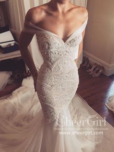 Garden Lace Mermaid Off-the-Shoulder Wedding Dress with Tulle Chapel Train AWD1778-SheerGirl Wedding Dress With Tulle, Leah Da Gloria, Skirt Diy, Dressy Dress, Dress With Tulle, Short Gowns, Grace Loves Lace, Dress Chiffon, Lace Mermaid