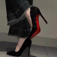 Red Dark Aesthetic, Black And Red Heels, Black Heels Aesthetic, Dark Heels, Lady Legasus, Red Bottom High Heels, Heels Patterns, Rhinestone Pumps, Modern Sandals