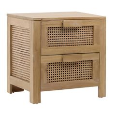 a wooden cabinet with two drawers and perforated doors