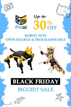 black friday sale flyer with two robotic cats and one cat on the right hand side