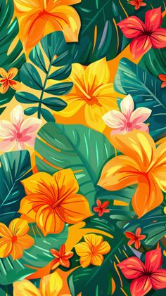 colorful tropical flowers and leaves on a green background with red, yellow and orange colors