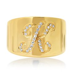 Diamond Initial Cigar Band Ring Classic Initial Ring With Diamond Accents And Cubic Zirconia, Classic Cubic Zirconia Initial Ring, Cubic Zirconia Diamond Ring With Wide Band, Luxury Yellow Gold Initial Ring With Cubic Zirconia, Yellow Gold Diamond Initial Ring With Brilliant Cut, Luxury Yellow Gold Cubic Zirconia Initial Ring, Classic Diamond Initial Ring With Brilliant Cut, Gold Initial Ring With Round Cut Diamond Accents, Elegant Gold Initial Ring With Cubic Zirconia