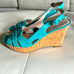 Franco Sarto Aqua/Turquoise, Stacked Heel Sandals, With Buckle Clasp And Cork Style Heels, There’s A Small Flaw In The Right Shoe At The Toe, Otherwise Excellent Condition- See Last Pic Blue Synthetic Wedge Sandals With Heel Strap, Blue Wedge Heel Sandals With 4-inch Heel, Turquoise Wedge Heel Sandals For Beach, Blue Wedge Heels With Removable Insole, Turquoise Round Toe Heels For Summer, Stacked Heel Sandal, Aqua Turquoise, Franco Sarto Shoes, Womens Wedges