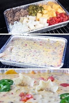 three different views of food being cooked in an oven and then put into baking tins