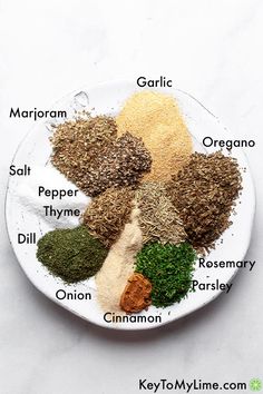 a white plate topped with different types of spices