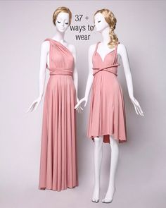 two mannequins dressed in pink dresses with the words 37 + ways to wear