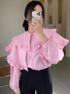 Pink Shirt Women, Fashion Blouses, Puff Sleeve Shirt, Loose Long Sleeve, Aesthetic Shirts, Ladies Tops, Spring Women, Pink Ruffle