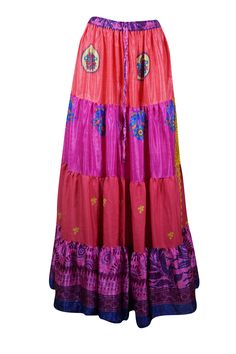 Elevate your wardrobe with the vibrant allure of this flared maxi skirt, expertly crafted from upcycled saree fabric. Featuring rich Hot pink and Blue floral patterns alongside bold, eye-catching prints, each silk blends skirt is a one-of-a-kind masterpiece. The adjustable drawstring waist and flowing ankle-length silhouette offer a flattering, comfortable fit, blending boho-chic style with everyday practicality. Whether you're exploring a farmer's market or dancing at a beach festival, this han Flare Maxi Skirt, Beach Festival, Hot Pink Floral, Boho Pants, Boho Skirts, Silk Skirt, Boho Chic Fashion, Long Skirt, Boho Dress