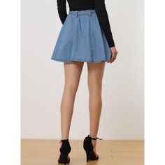 This chic denim skirt is completed with a high waist with a belt and an elastic back, which make it convenient to take on/off and keep you pretty and comfortable all day. With a fitted waist and a-line silhouette, it’s perfect to match high heels or sneakers for a vintage and casual, charming style. A trendy item, it is suitable for many occasions. Casual High Waist Skirt With Belt Loops, Chic High Waist Denim Blue Skort, High Waist Denim Skort, High Waist Mini Skirt For Day Out, High Waist Medium Wash Skirt With Belt Loops, High Waist Dark Wash Skirt With Belt Loops, Medium Wash High Waist Skirt With Belt Loops, Casual High Waist Belted Skirt, Trendy Denim Flared Skirt Bottoms