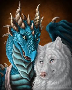 a blue dragon and white wolf are facing each other