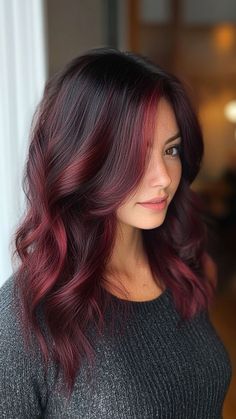 Red Burgundy Balayage Hair, Money Piece Balayage Burgundy, Asian Red Balayage, Burgandy Hair With Blonde Money Pieces, Cherry Red Money Piece Hair, Wine Red Balayage Hair, Deep Red Balayage Hair, Burgundy Balayage Brunettes, Dark Red Balayage Hair Brunettes