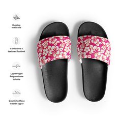 Tap into sweet island energy with these Hot Pink, Orange and White Hawaiian Flowers Women's Slides from Extremely Stoked! These slides feature a cushioned upper strap and a textured footbed, providing ultimate comfort and a refreshing touch to your feet. • Cushioned faux leather upper strap • Lightweight polyurethane (PU) outsole • Contoured, textured footbed • Stitched around the upper perimeter for extra durability • Spot clean only • Printed, cut, and handmade Important: This product is avail Pink Synthetic Sandals For Poolside, Tropical Open Toe Synthetic Sandals, Pink Vacation Slippers With Textured Footbed, Vacation Pink Slippers With Textured Footbed, Pink Slippers With Textured Footbed For Vacation, Pink Textured Footbed Slippers For Vacation, Pink Beach Slippers With Removable Insole, Pink Slippers With Removable Insole For Beach, Pink Vacation Slippers With Cushioned Footbed