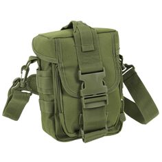 a green pouch that is attached to the side of a bag with straps on it