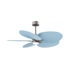 a ceiling fan that is blue and has four blades on it, with one light in the middle