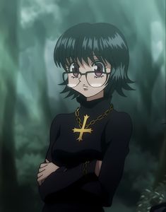 an anime character with glasses and a cross on his chest standing in front of trees