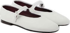 Formal White Ballet Flats With Removable Insole, Classic White Ballet Flats For Formal Events, Classic White Ballet Flats For Formal Occasions, Classic White Leather Ballet Flats, Classic Leather Ballet Flats For Galas, Elegant Formal Slip-on Mary Janes, White Leather Ballet Flats With Rubber Sole, Formal White Leather Mary Janes, Elegant Slip-on Mary Janes With Leather Sole