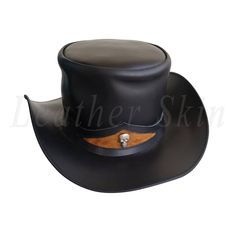 Men Handmade Black Genuine Aussie Leather Top Hat with Skeleton Fitted Leather Top Hat With Short Brim, Black High Crown Top Hat For Western-themed Events, Black Leather Hat With High Crown, Fitted Leather Top Hat With Flat Brim, Western Black Leather Top Hat, Black Leather Brimmed Top Hat, Black Leather Western Top Hat, Black Leather Top Hat With Flat Brim, Fitted Leather Hats For Western-themed Events