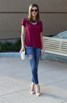 Burgundy Blouse Outfit Jeans, Casual Burgundy Blouse For Spring, Burgundy Blouse Outfit, Casual Burgundy Collared Top, Burgundy Shirt Outfit, Burgundy Top Outfit, Shirt Spring Outfit, Classic Burgundy Button-up Shirt, Fall Burgundy Button-up Tops