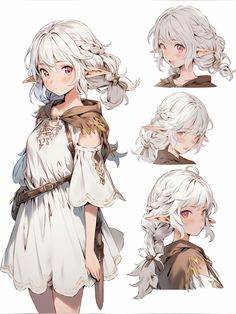 an anime character with white hair and long white hair, in different positions to show off her