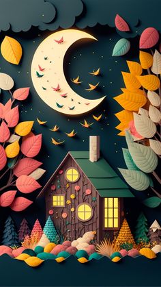 a paper art scene with a house in the woods at night and leaves flying around