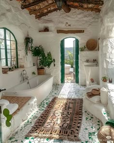 a bathroom with a rug on the floor and green doors leading to an outdoor bathtub