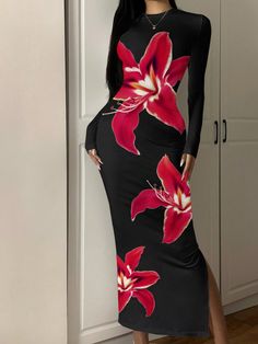 Floral Print Long Sleeve Body-Con Dress - Extra Long Casual Club Party Fall Season Tight Fitting Dress For Women Multicolor Elegant  Long Sleeve Knitted Fabric Colorblock,Floral,Plants Bodycon Medium Stretch  Women Clothing, size features are:Bust: ,Length: ,Sleeve Length: Tight Fitted Dresses, Club Party, Vestido Casual, Women Long Dresses, Kids Beachwear, Long Sleeve Knit, All Fashion, Women Clothing, Women Girl