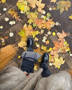 the person is standing in front of leaves on the ground with their feet propped up