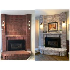 two pictures of a brick fireplace in a living room