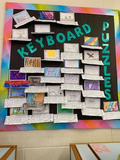 a bulletin board with several different types of magnets on it and the words keyboard funness