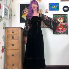 "Vintage Black Velvet Evening Gown, 1960s Formal Dress with Sheer Lace Bell Sleeves, Size Small Custom made black velvet evening gown from the 1960s. The original owner had a massive wardrobe of designer and custom made pieces. This is a gorgeous example. It is wearable but could stand a little TLC. This is a full length velvet gown with an empire waist and A-line silhouette. The dress is a heavy black velvet with hemstitch details at the bust, hem, and running vertically. The wide bell sleeves Massive Wardrobe, Lace Bell Sleeves, Velvet Evening Gown, 1960s Dress, Velvet Gown, 1960's Dress, 60s Dress, Black Velvet Dress, 70 Dress