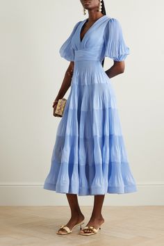 Zimmermann's midi dress is made from plissé-taffeta in a romantic, tiered silhouette. It has a plunging V-neckline framed by puffed sleeves and a full skirt with a crinoline-style insert at the hem to hold its shape. Zimmerman Dress Wedding Guest, Midi Plisse Dress, Plisse Dress, Chiffon Midi Dress, Blue Bridesmaids, Pleated Midi Dress, Blue Midi Dress, Guest Dresses