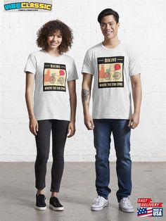 two people standing next to each other wearing t - shirts with the words biking on them