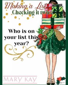 a christmas card with a woman holding presents on her head and the words making a list checking it twice who is on your list this year?