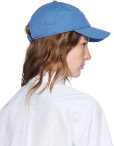 Cotton twill cap in blue. · Embroidered eyelets at crown · Text embroidered at face · Curved brim · Logo embroidered at side · Cinch fastening · Twill browband · Unlined · Logo-engraved gunmetal-tone hardware Supplier color: Imperial blue Spring Blue Baseball Cap With Embroidered Logo, Blue Baseball Cap With Curved Visor For Spring, Classic Blue Baseball Cap For Spring, Blue Hats With Embroidered Logo For Spring, Spring Blue Hats With Embroidered Logo, Blue Spring Hats With Embroidered Logo, Blue Health, Imperial Blue, Rich Women