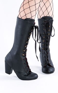 Step out in vintage style in the VIVIKA-205 boots! These cute mid-calf lace-up boots feature a classic Victorian shape that secures with ribbon lace-ups and a rear zip. Perfect with anything from ballgowns to skinny jeans. The Vivika series features a 3-inch block heel. Material: 100% vegan PU leather. US women's sizing-refer to size chart for more info. Black Victorian Boots, Boots Reference, Black Steampunk, Steampunk Shoes, Demonia Boots, Pirate Boots, Victorian Boots, Witch Boots, Demonia Shoes