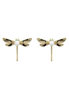 Elevate your elegance with our Gold Dragonfly Pearl and Enamel Stud Earrings. Crafted from 925 sterling silver and dipped in luxurious 18ct gold, these large stud earrings feature a stunning dragonfly design. The delicate wings and tail are adorned with sparkling zircons, and the wings are accented with striking black enamel. At the centre of each dragonfly sits a lustrous pearl, adding a touch of timeless beauty. Weighing 5.4 grams, these earrings measure 2.30 cm in length and 3.0 cm in width, Dragonfly Design, Large Stud Earrings, Enamel Stud Earrings, Dragonflies Design, Stud Earrings Gold, The Wings, Accessories Jewelry Earrings, Gold Earrings Studs, Black Enamel