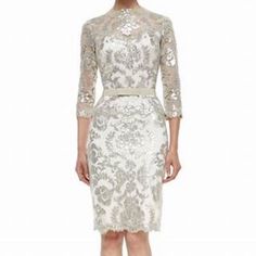 Beautiful Lace Dress With Ribbon Belt (Can Be Worn With Or Without). Double Lined With Full Inside Slip. See Pics Above For Full Details. Black Silk Midi Dress, Fantasy Wedding Dresses, Illusion Lace Dress, Lace Peplum Dress, Silk Halter Dress, Beautiful Lace Dresses, Tadashi Shoji Dresses, Bolero Dress, Bodycon Cocktail Dress