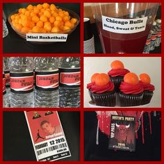 several pictures of cupcakes, oranges and water bottles with labels on them