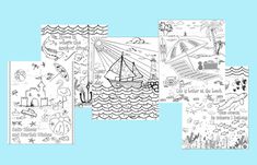 four different coloring pages with pictures of boats and other things in the ocean on them