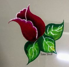 a drawing of a red rose with green leaves