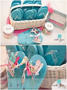 a basket filled with blue flip flops next to other items