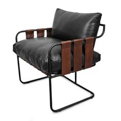 a black and brown leather chair with metal legs