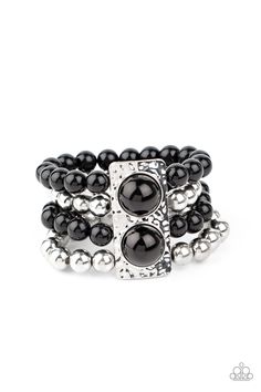 Held in place with a hammered silver frame dotted with two oversized black beads, strands of classic silver and black beads are threaded along stretchy bands around the wrist for a glamorously layered look. Sold as one individual bracelet. Black Hold, Black Bracelet, Hammered Gold, Black Bracelets, Paparazzi Accessories, Stretchy Bracelets, Classic Gold, Paparazzi Jewelry, Hammered Silver