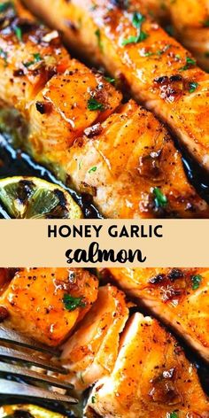 honey garlic salmon on a grill with the title overlay reading honey garlic salmon recipe