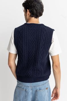 A unique cool-weather addition to your closet Cable Pattern, Mohair Knit, Scarf Men, Mens Skin Care, Denim Trousers, Knit Vest, Mens Outerwear, Knit Collar, Men's Grooming